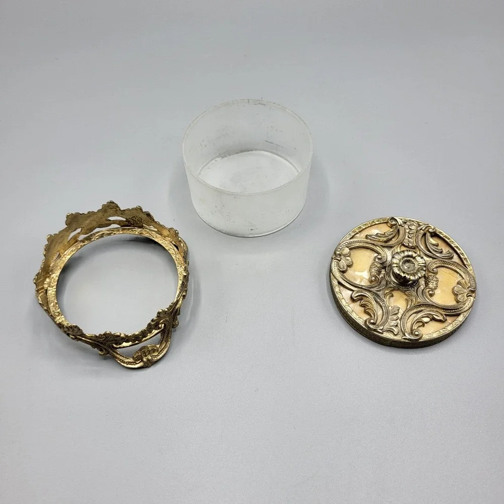 Vintage French Ormulo Trinket Box Vanity Jar Gold Filigree Frosted Glass Footed